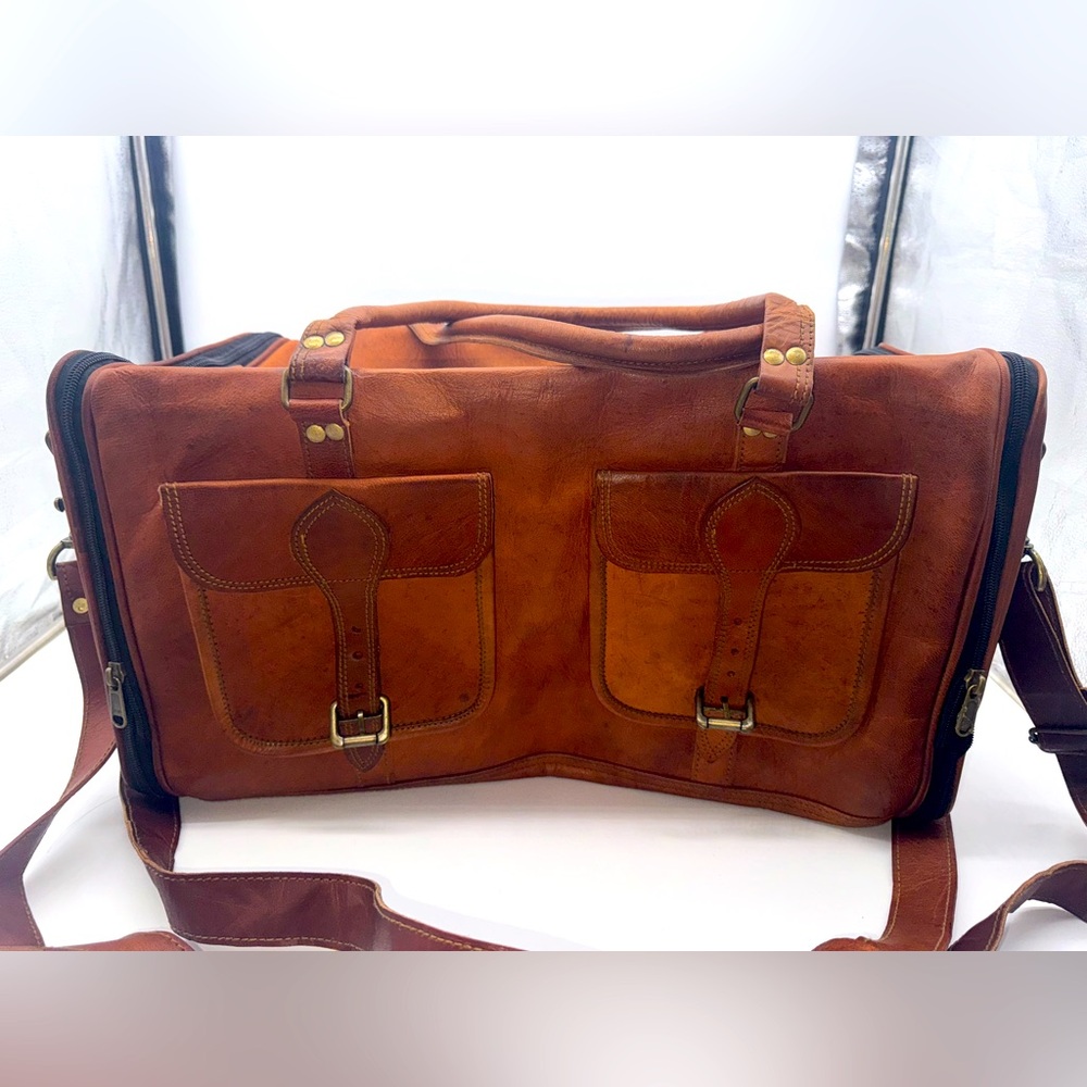 Men's Luggage Duffel Gym Genuine Brown Leather Travel Expandable Bag